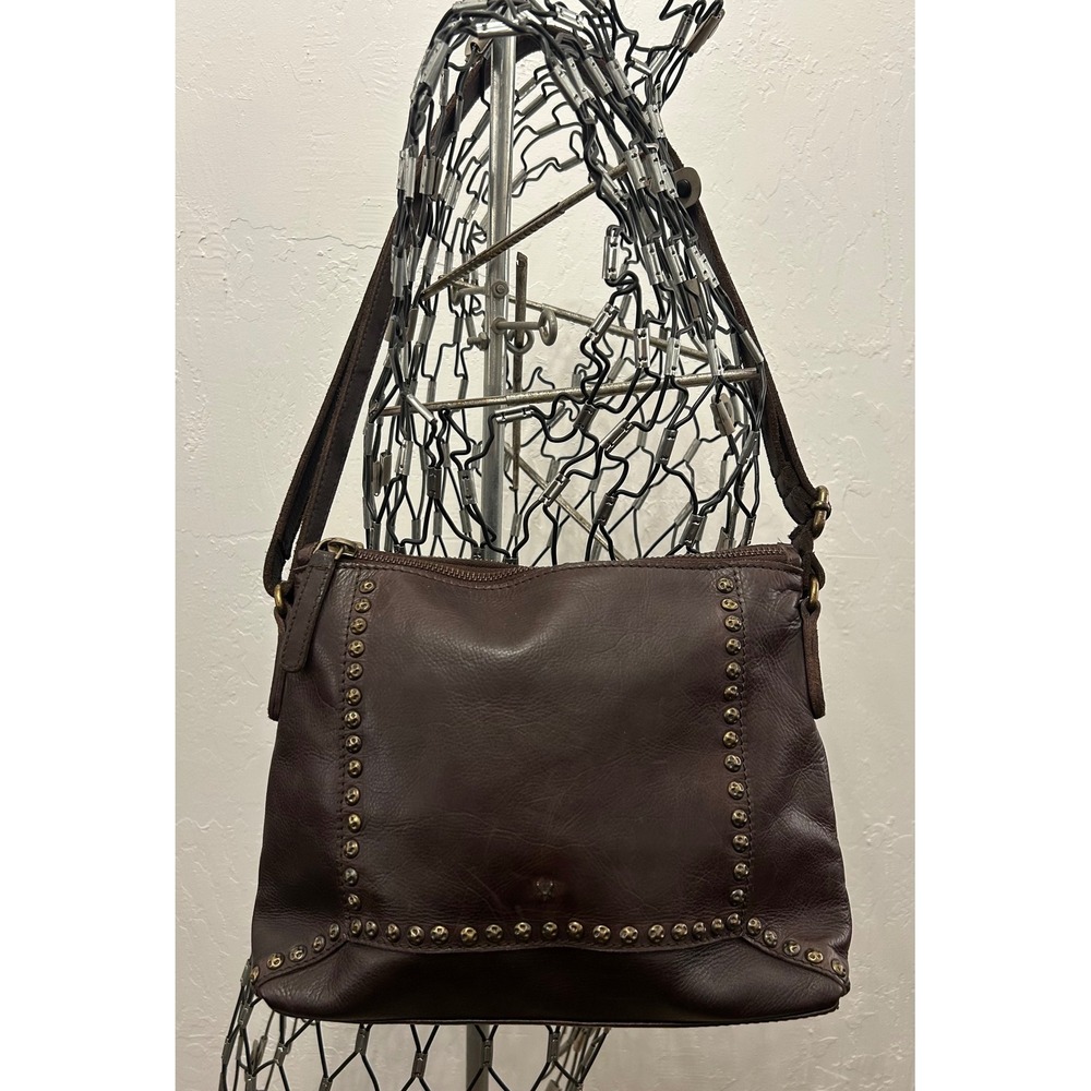 Vilenca Holland Dark Brown Leather Studded Crossbody Bag Adjustable Strap Boho